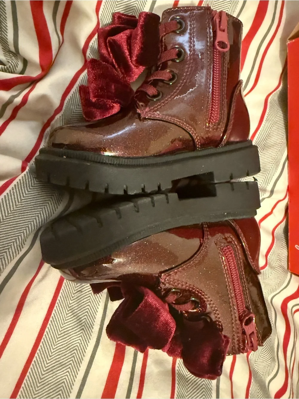 Cat & Jack Girls Glossy Burgundy Ankle Boots with Velvet Bows